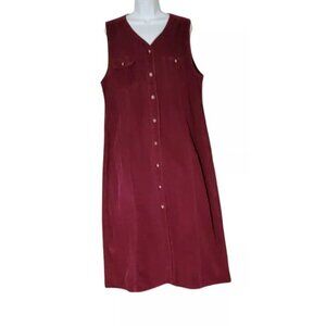 Dress Womens L Wine Corduroy Vtg Modest Maxi button Front Sleeveless Pockets